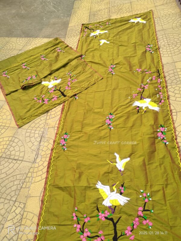 Hand-Embroidered Olive Green mekhlea sador with Crane and Cherry Blossom Design