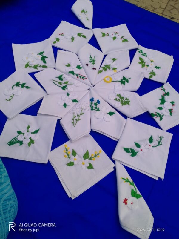 Set of Hand-Embroidered White Handkerchiefs with Floral Motifs