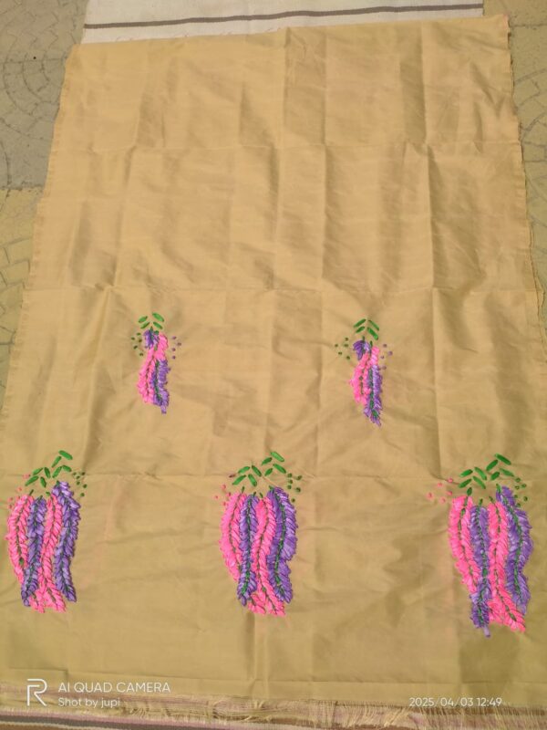 Hand-Embroidered Beige Mekhela Sador with Wisteria Design