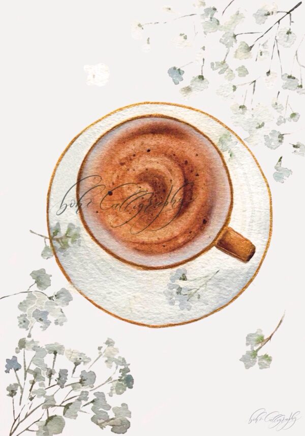 Coffee Cup Watercolor Art Print – Calm Morning Vibes with Botanical Accents