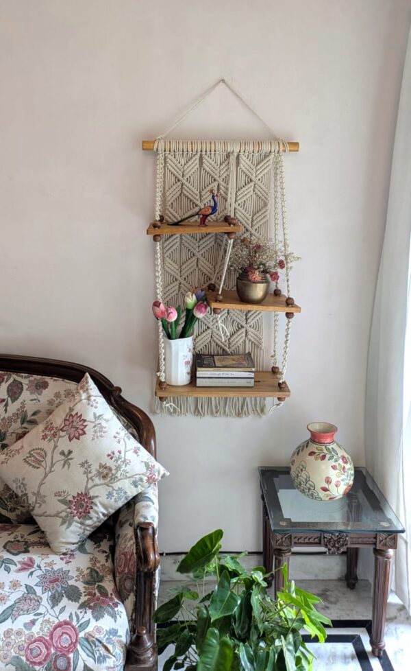 Handcrafted Macrame Plank Plant Holder – Boho Wall Hanging Shelf